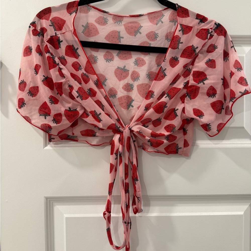 Strawberry Print Sheer Tie-Front bathing suit cover-up top